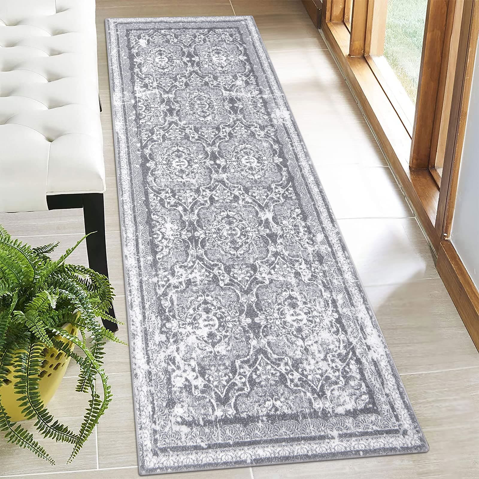 Vaukki Non Slip Entryway Mat, Vintage Shaggy Soft Laundry Rug Runner for Bathroom and Bedroom (2' X 6', Grey) OEKO-TEX