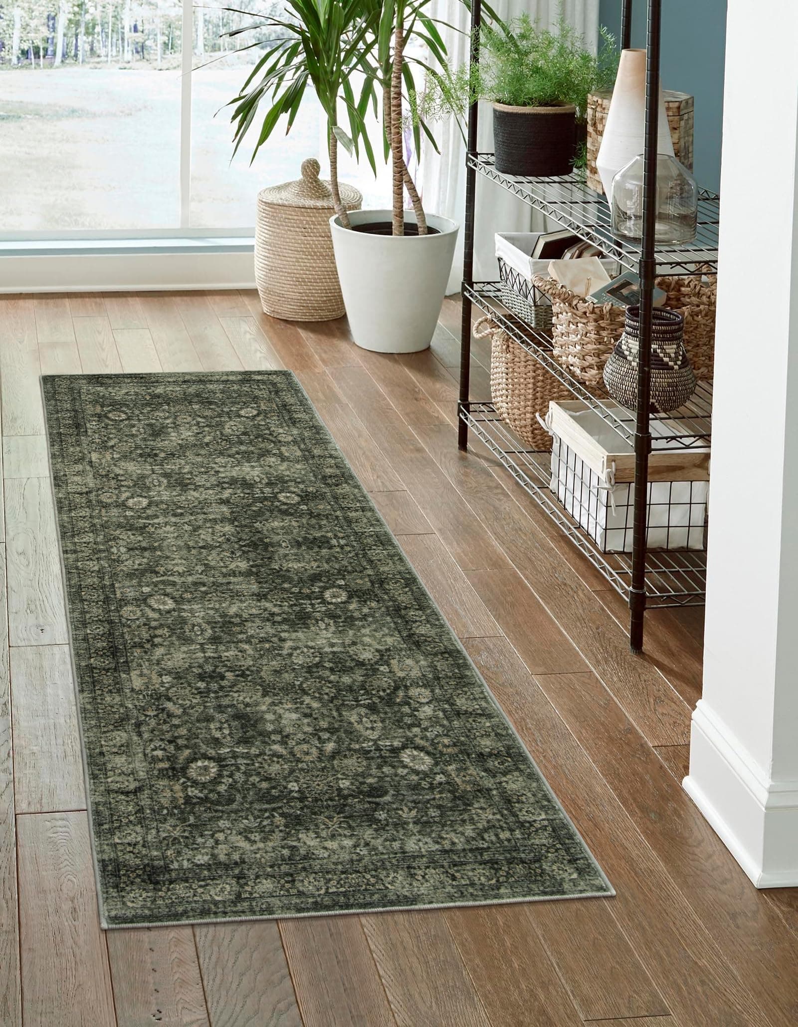 Morebes 2x6 Vintage Washable Dark Green Kitchen Runner Rug for Living Room and Bedroom - Non Shedding Soft Non Slip Boho