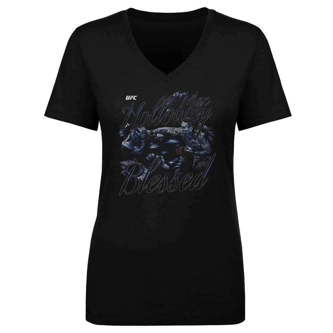 Max Holloway UFC Women's V-Neck T-Shirt - Grunge Style - Fighting Fans - Gym - Unisex - Size M - Black - Combat Wrath