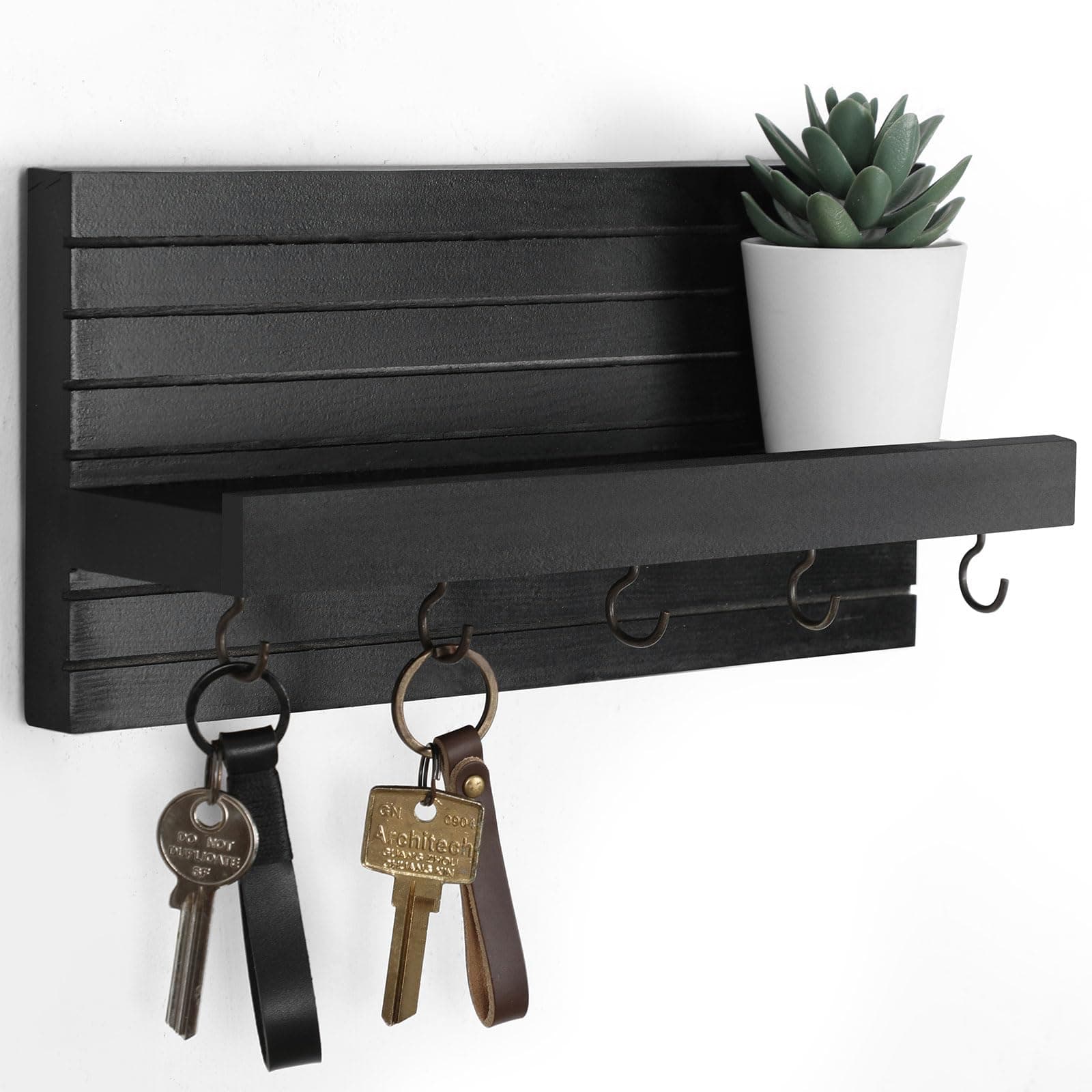 Black Sturdy Wood Keyholder Entrance Hanger with Shelf Holds Leashes and Jackets – Entryway Wall Mount Key Holder with H