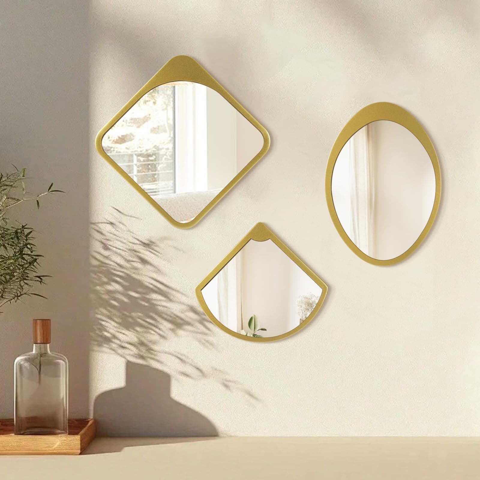 Gold Wall Mirror Living Room Decor, Elegant 3PCS Asymmetrical Mirrors for Modern Home Office or Bedroom, Stylish Wall Ar
