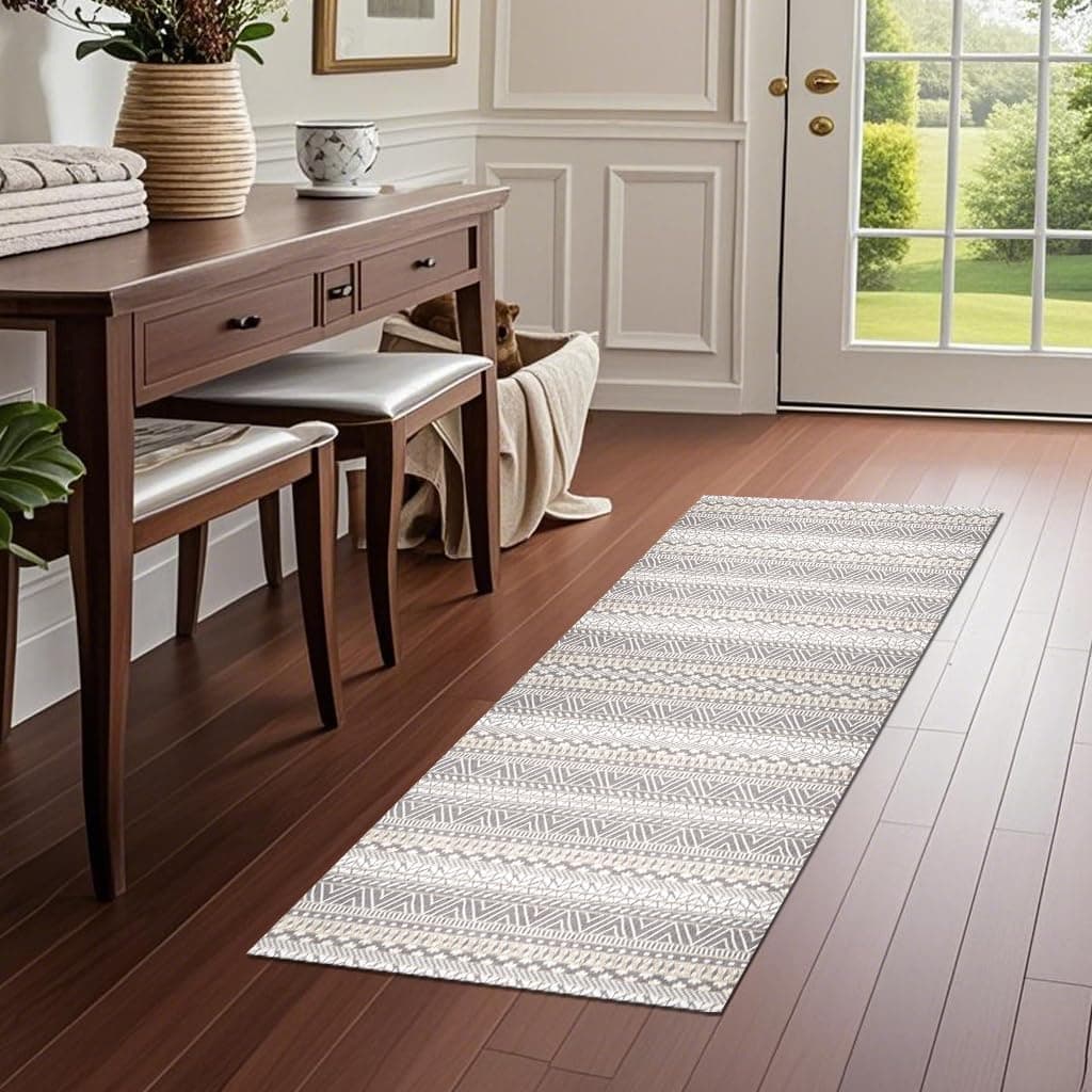 Washable Boho Grey and Pink Non Slip Faux Wool Carpet Runner for Kitchen Entryway Bedroom Indoor Laundry
| Non Slip Gre