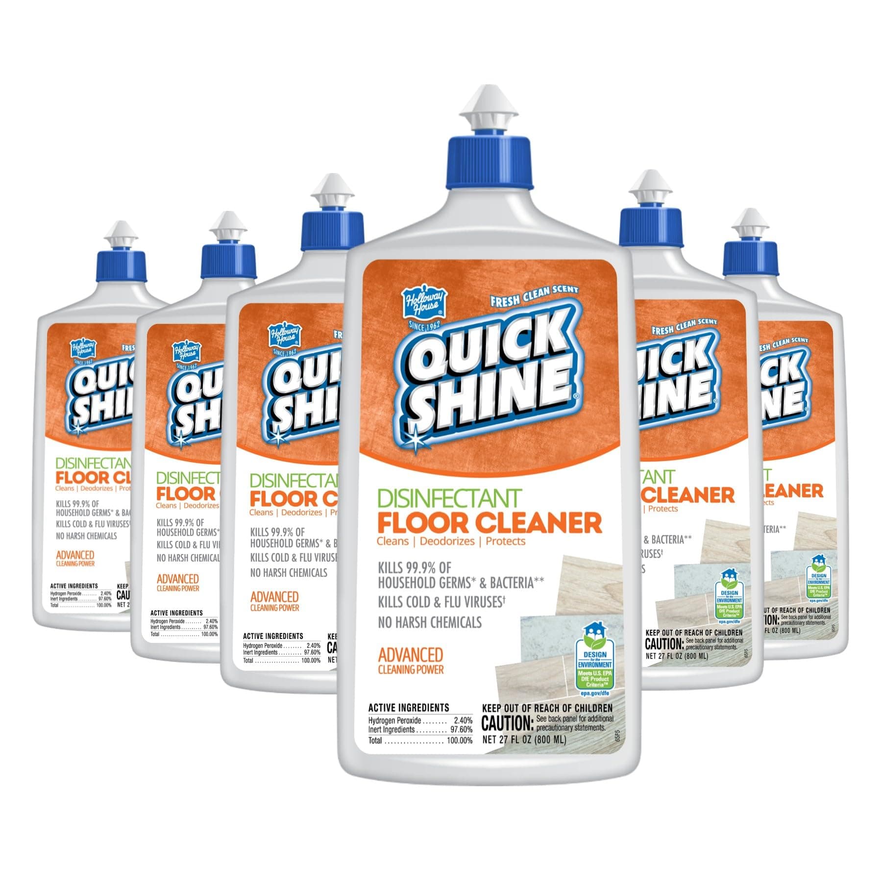 Quick Shine Hospital Level Disinfectant Floor Cleaner, 27oz, 6Pk | Kills 99.9% Germs & Bacteria | Cleans with Hydrogen P