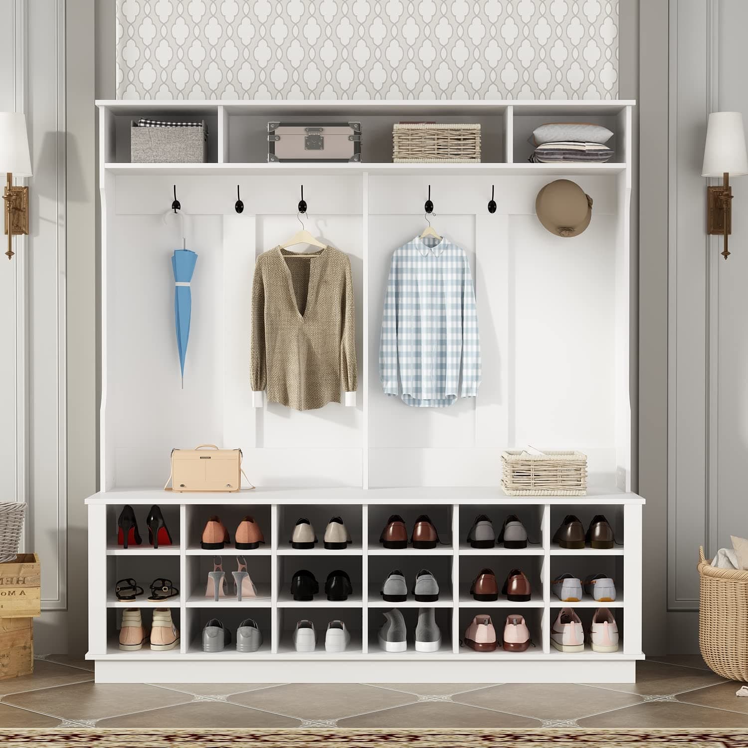 White Wide Hall Tree with Shoe Storage Bench, 18 Shoe Storage Cube & 3 Top Cube, Modern 4-in-1 Entryway Coat Rack for Ha