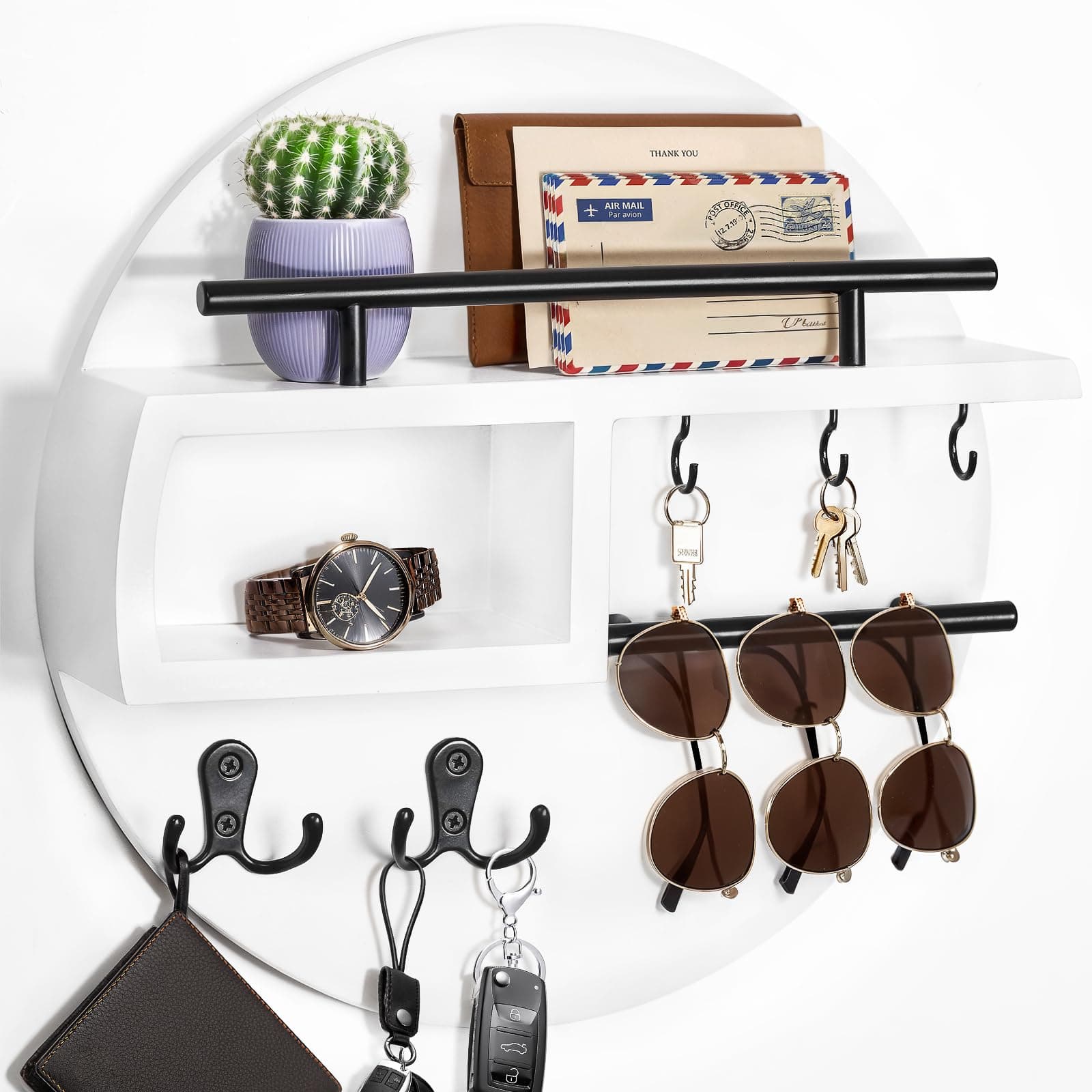 Quick Ma Key Holder Wall Mount, Wooden Decorative Key Rack with Shelf for Entryway Organization, Concealed Storage, 12