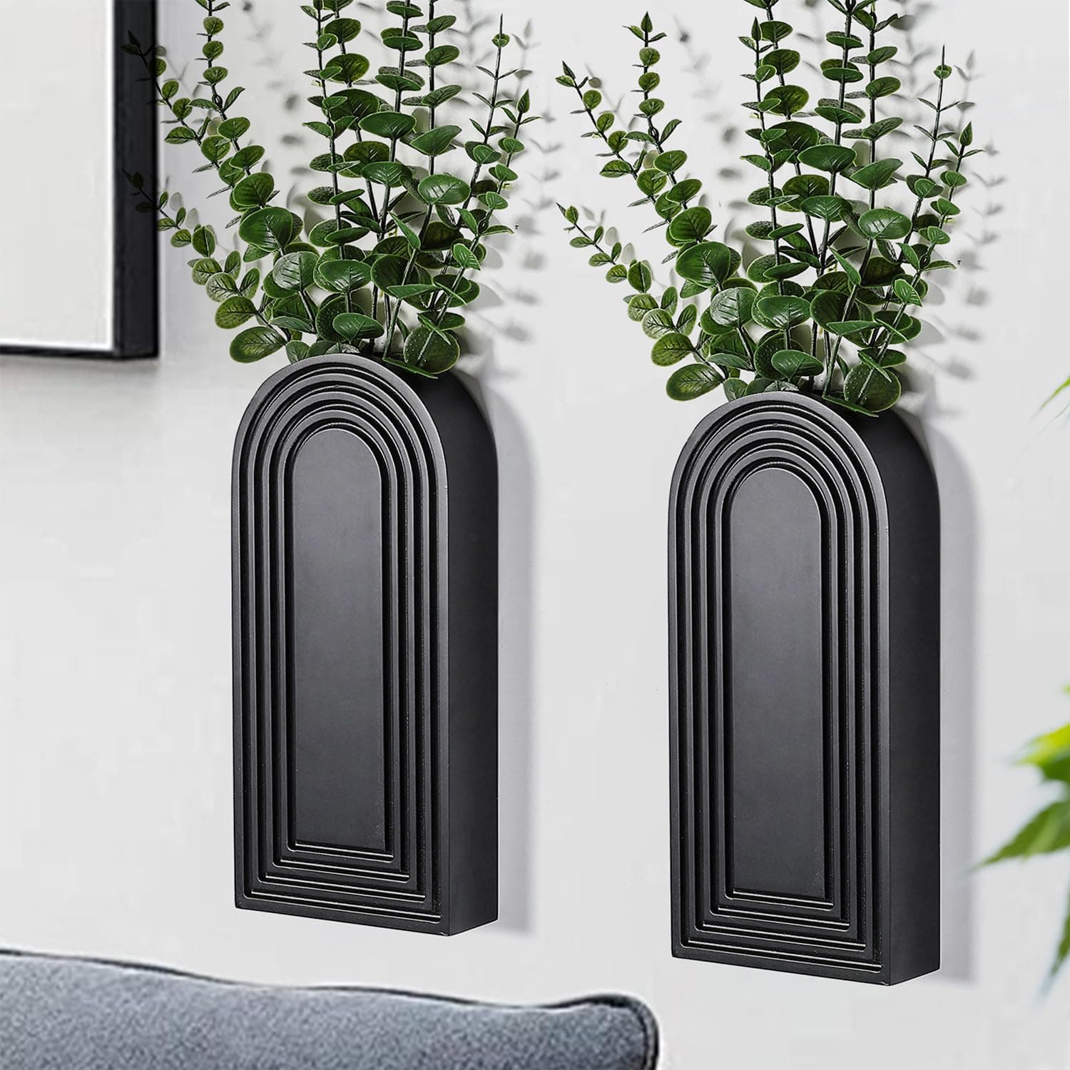 2 Pack Black Wooden Wall Vase Set for Modern Farmhouse & Boho Decor - Entryway, Hallway, Bathroom, Living Room, Dining R