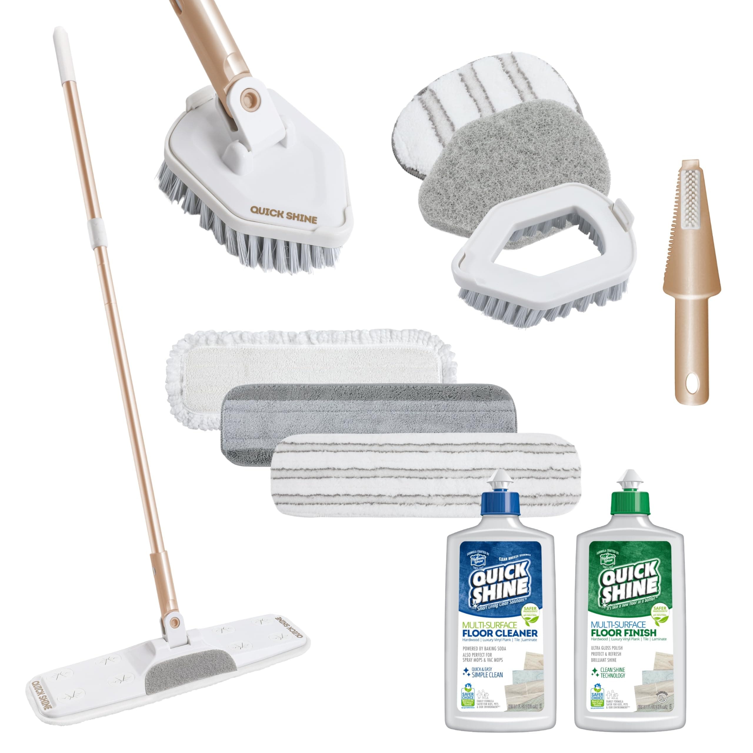 Quick Shine Ultimate Gold All-in-One 11 Pc Clean & Polish Mop Kit | No Batteries Needed | For All Floors Pro Cleaning