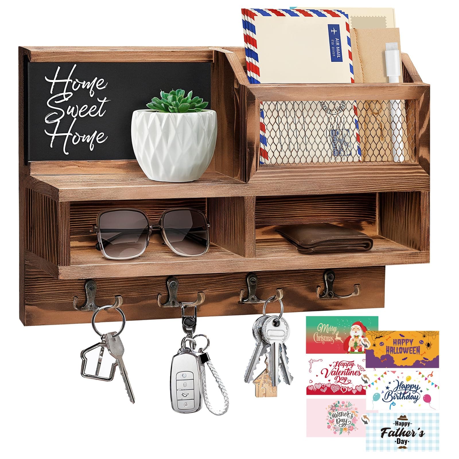 Wooden Mail and Key Holder Wall Mount with Chalkboard and Mirror Brown 8 Hooks 3 Cards Type 1
Wooden Mail Key Organize