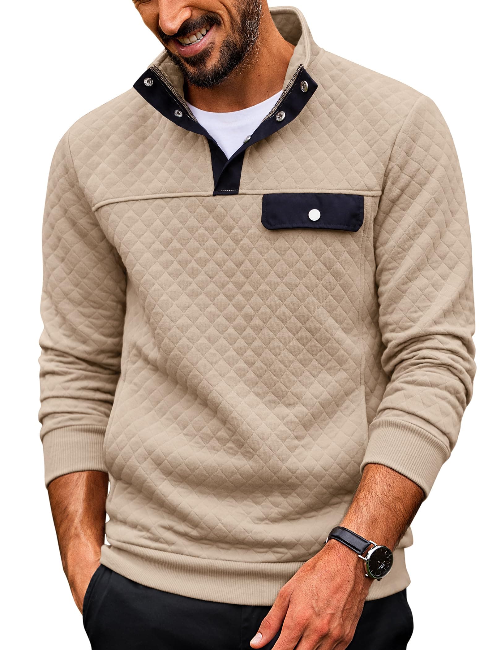 COOFANDY Men Quilted Sweatshirts Outdoor Polo Sweatshirt with Pockets