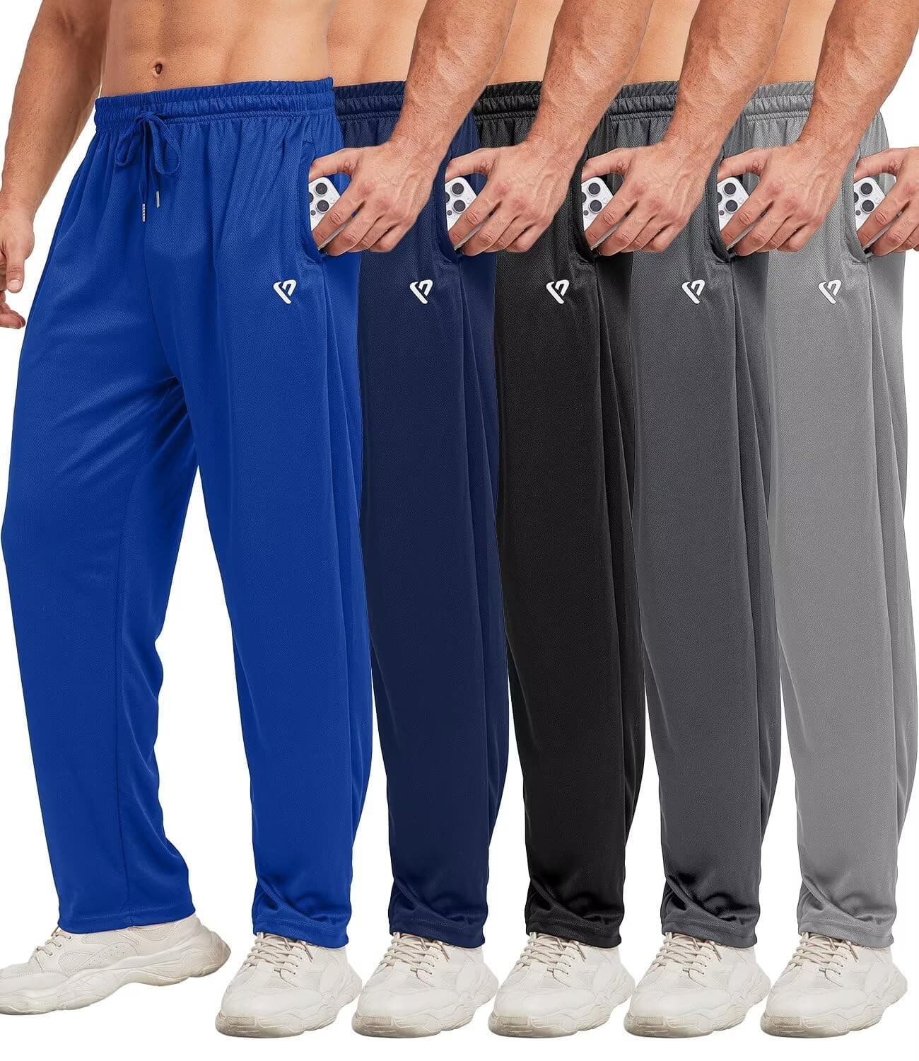Lomsoe 5 Pack Men's Sweatpants Open Bottom Joggers with Zip Pockets for Men Lively Loose Fit Mesh Athletic Pants for Run