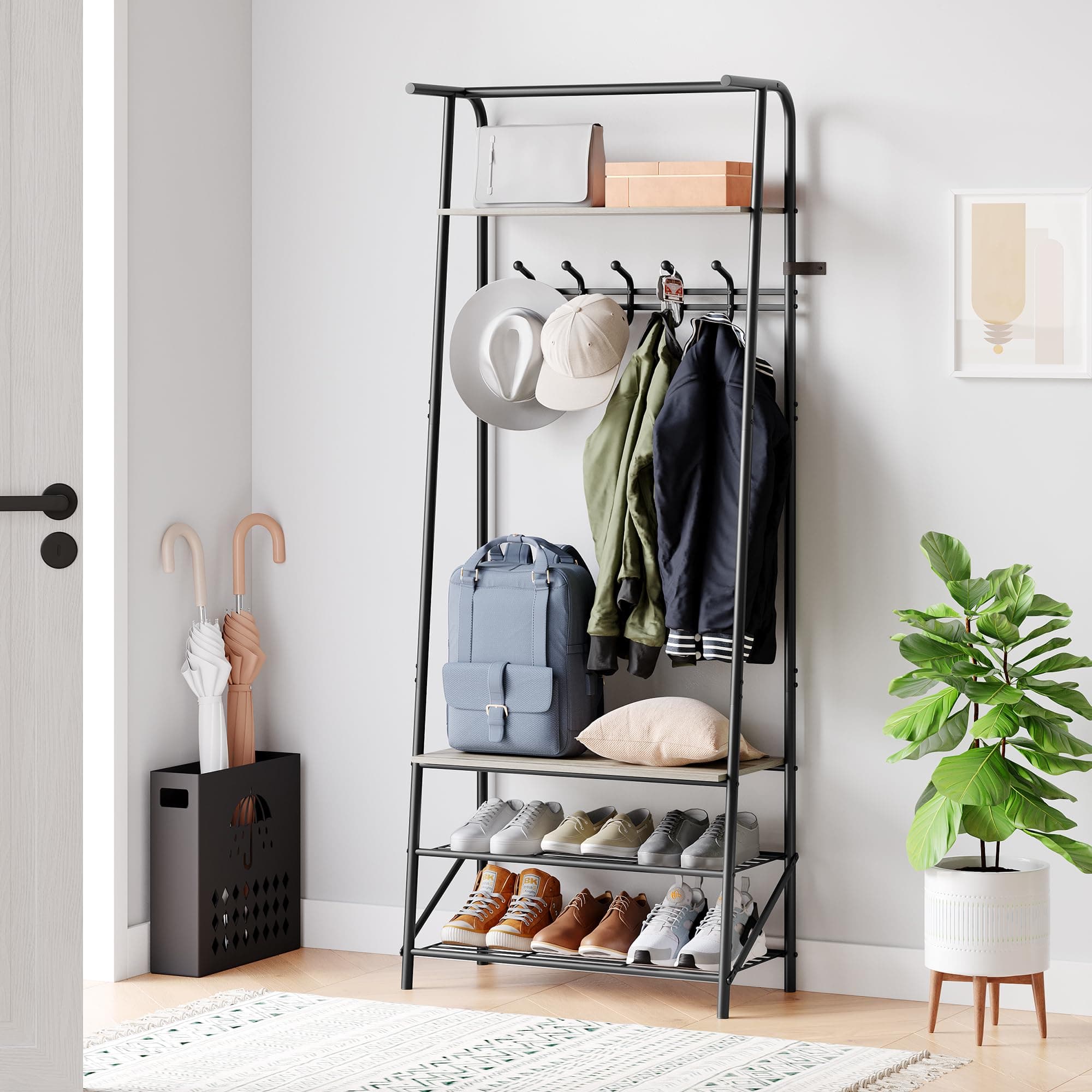 Hall Trees Entryway Bench with Storage (Grey+Black, 5 Hooks-25.2 in)
Multifunctional Hallway Organizer with Wood Look