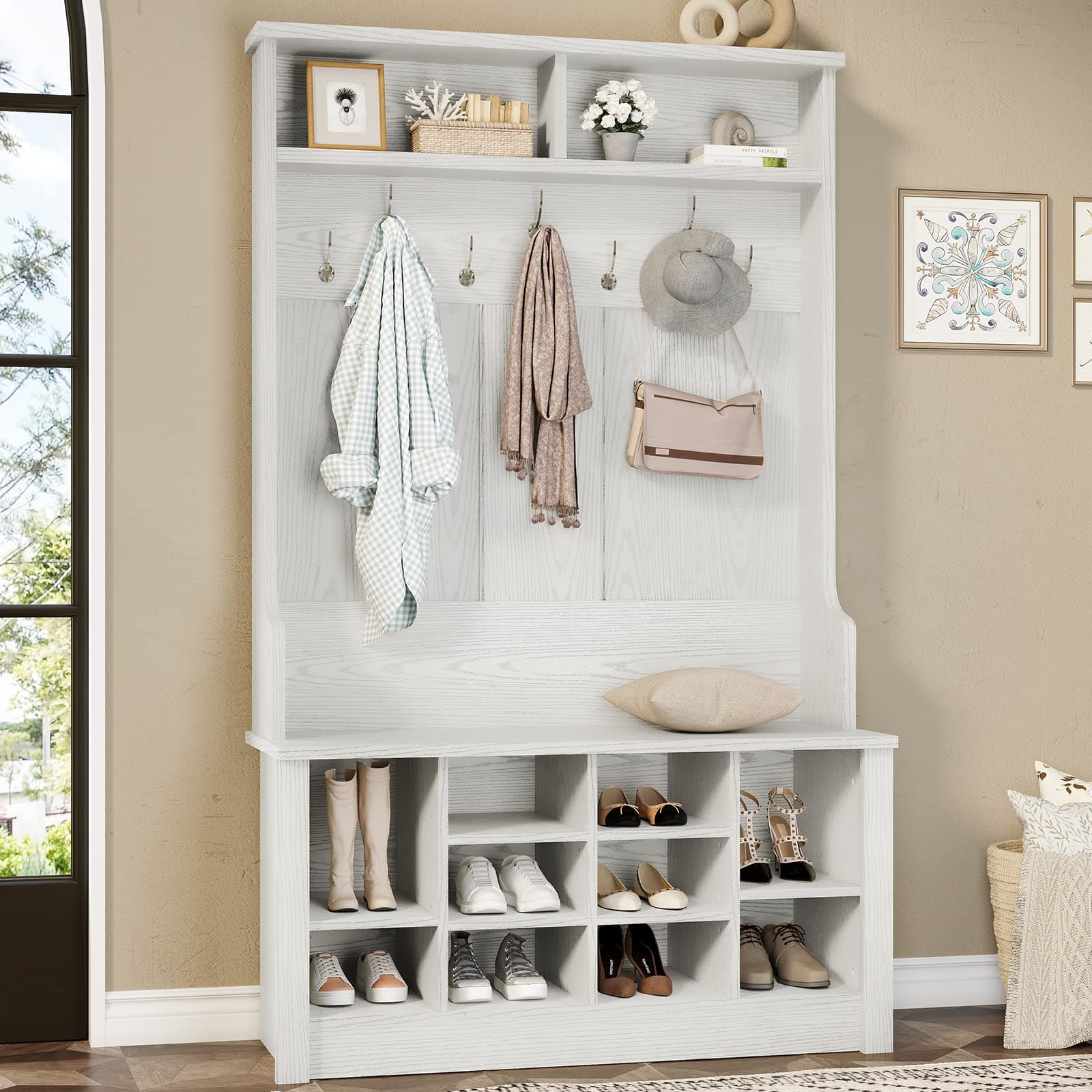 Itaar Embossed White 3-in-1 Entryway Bench with Coat Rack and Shoe Storage