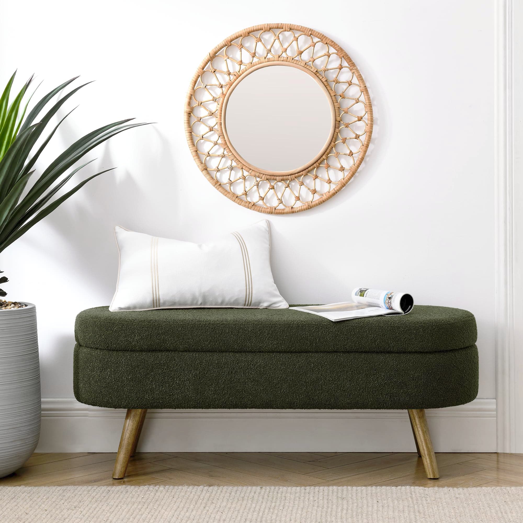 Dark Green Linen Fabric Upholstered Oval Storage Bench with Solid Wood Legs for Living Room/Bedroom/End of Bed/Entryway
